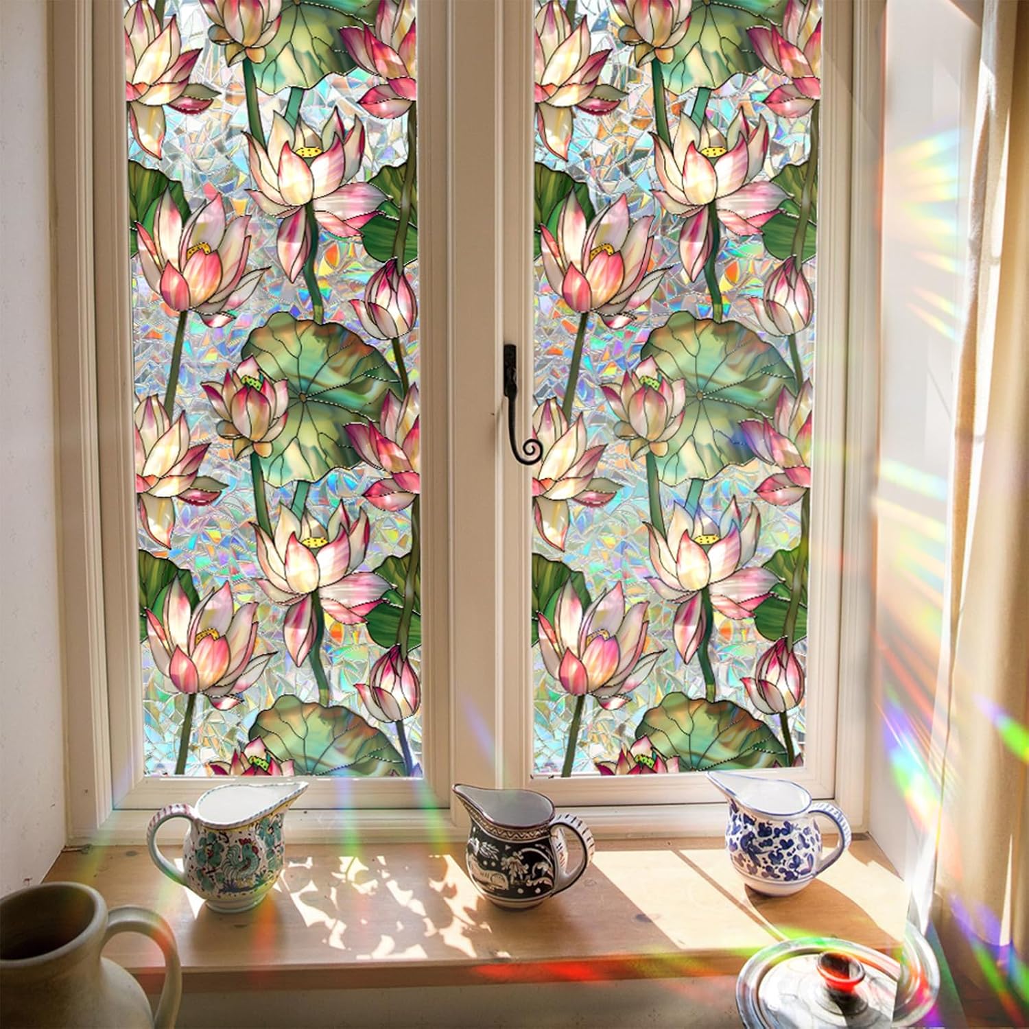 Home Bathroom Window Tint - فيلم زجاجي ملون بتصميم زهور اللوتس،