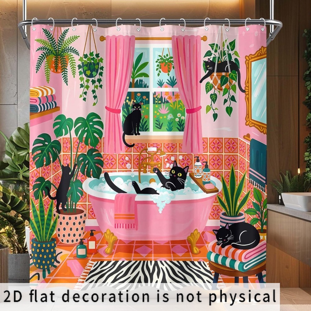 Shower Curtain Liner - ستارة حمام بنمط قطط ونباتات مبتكر،