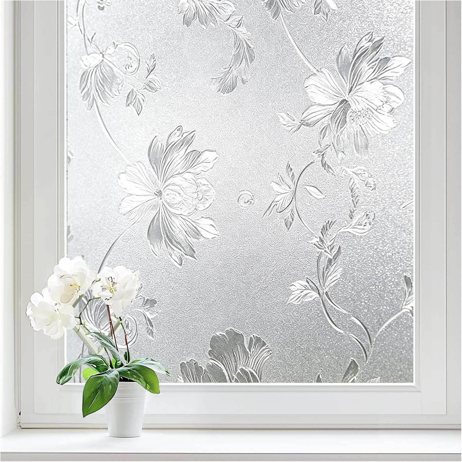 Home Bathroom Window Tint - فيلم نافذة زخرفي بنقوش زهور، لاصق