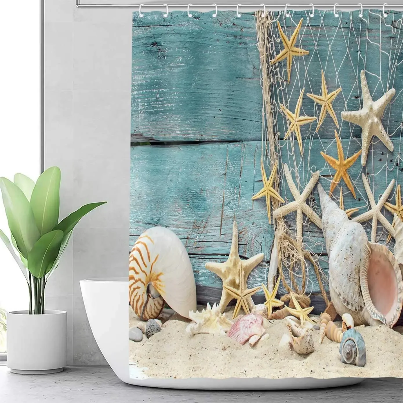 صدف دش الستار الصيف شاطئ نجم ا - مراجعة Shower Curtain Liner وسعره
