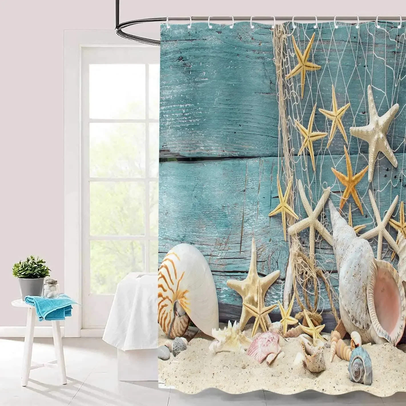 صدف دش الستار الصيف شاطئ نجم ا - مراجعة Shower Curtain Liner وسعره