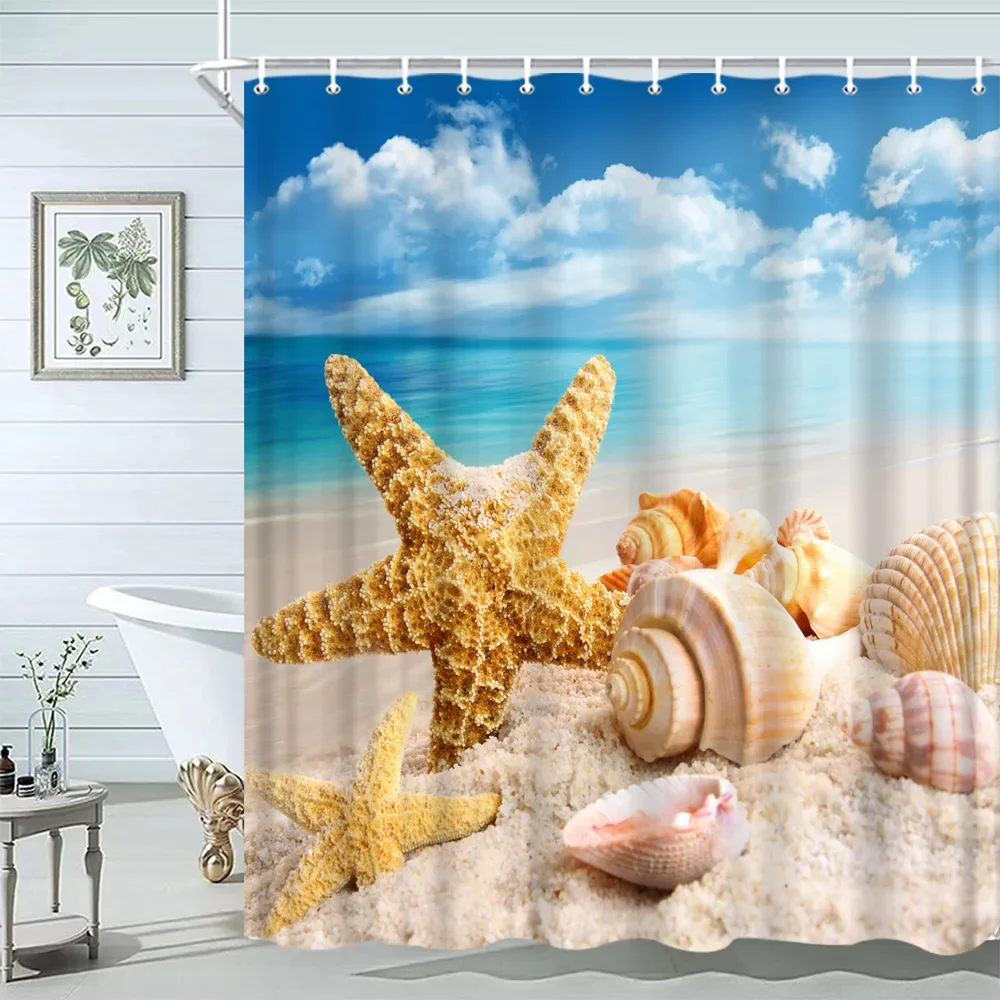 صدف دش الستار الصيف شاطئ نجم ا - مراجعة Shower Curtain Liner وسعره